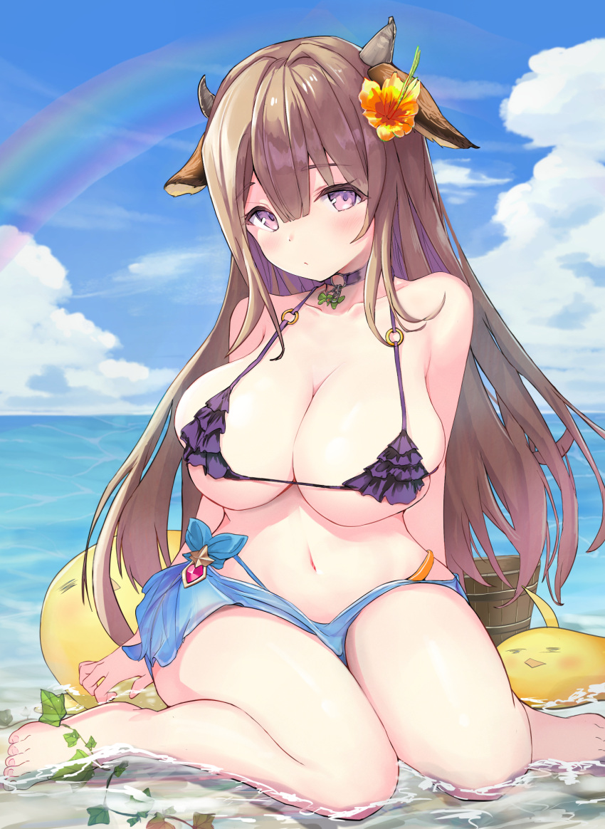 1girl :o animal_ears arms_behind_back azur_lane bangs bare_shoulders beach bikini bikini_skirt bikini_top blue_sky breast_press breasts brown_hair bucket choker cleavage closed_mouth cloud collar collarbone commentary_request cow_ears cow_girl cow_horns day feet flower frilled_bikini frills hair_flower hair_ornament highres horns in_water kashino_(azur_lane) large_breasts legs_together long_hair looking_at_viewer navel otsusou outdoors purple_eyes revision sitting skindentation skirt sky solo swimsuit wardrobe_error wariza water wet