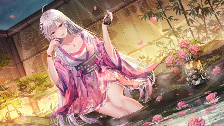 1girl :d absurdres ahoge bamboo bangs bracelet breasts chinese_clothes cleavage collarbone commentary_request dutch_angle eyebrows_visible_through_hair flower hair_between_eyes hanfu highres holding japanese_clothes jewelry junpaku_karen large_breasts long_hair long_sleeves looking_at_viewer miniskirt necklace onsen open_mouth original outdoors petals pink_flower pink_rose pink_skirt print_skirt purple_eyes rose silver_hair sitting skirt smile soaking_feet solo sparkle very_long_hair wide_sleeves