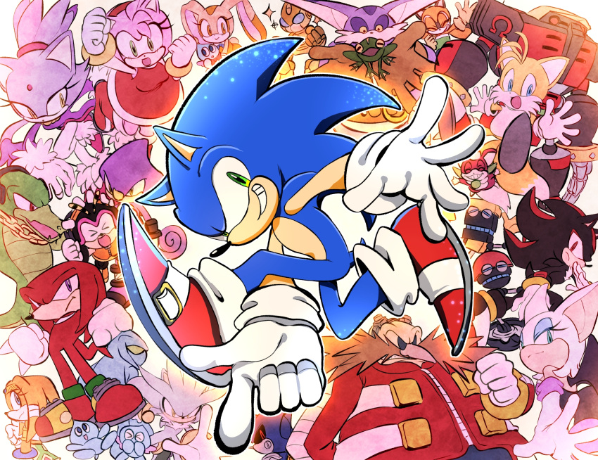 &gt;_&lt; 6+boys 6+girls :d angry bat_wings big_the_cat blaze_the_cat blue_eyes bracelet chain chao_(sonic) chaos_(sonic) charmy_bee cheese_(sonic) chip_(sonic) cream_the_rabbit cubot dr._eggman dress e-123_omega emerl_(sonic) espio_the_chameleon everyone facial_hair finger_gun frog froggy_(sonic) furry furry_female furry_male gloves green_eyes grin highres jacket jewelry marine_the_raccoon metal_sonic multiple_boys multiple_girls mustache open_mouth orange_eyes orbot pose purple_dress purple_eyes red_dress red_eyes red_jacket robot rouge_the_bat serious shadow_the_hedgehog silver_the_hedgehog smile sonic_(series) sonic_adventure sonic_the_hedgehog sonic_world_adventure tails_(sonic) tikal_the_echidna tondamanuke vector_the_crocodile white_gloves wings yellow_eyes