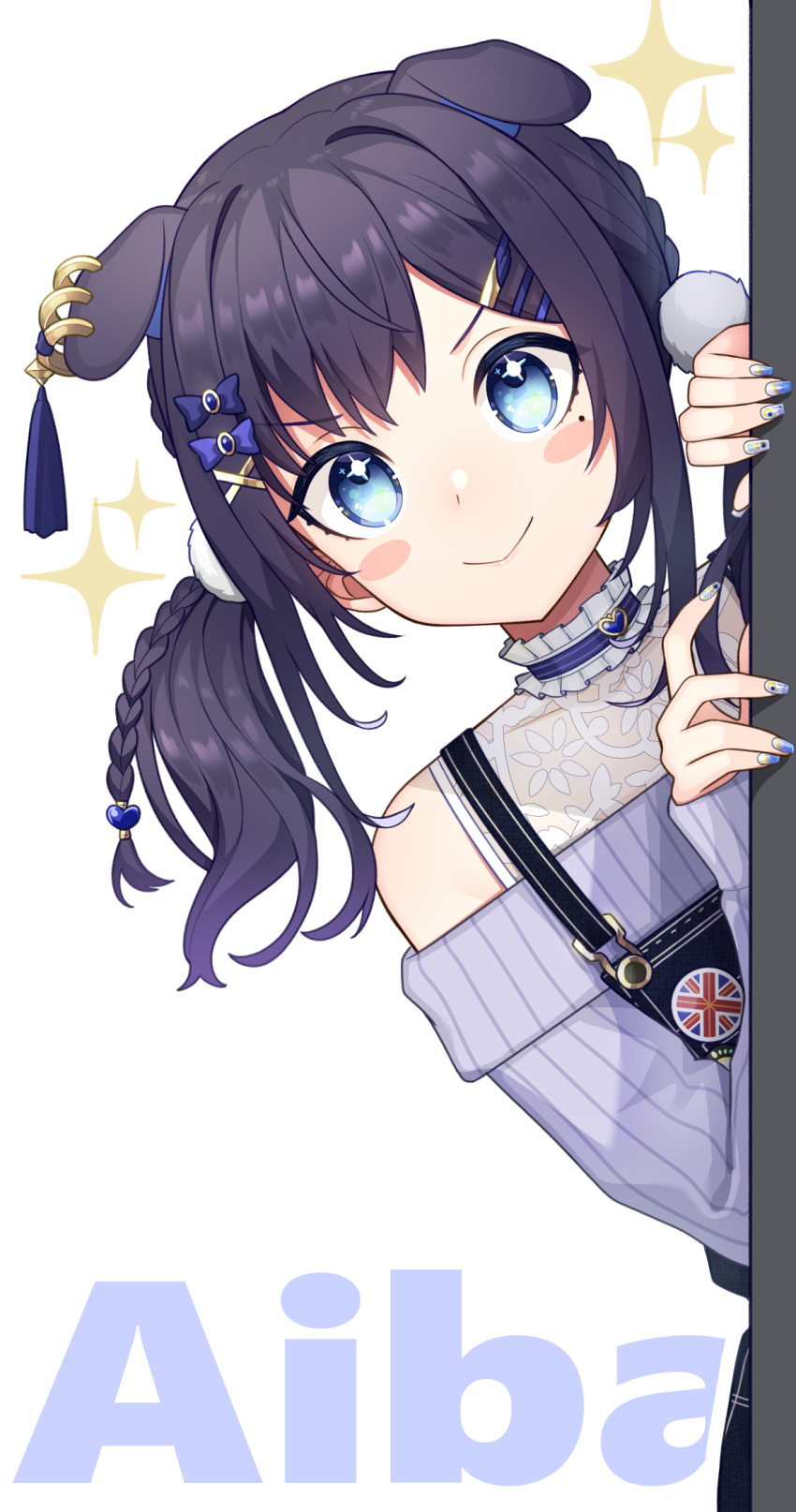 1girl aiba_uiha animal_ears black_hair blue_eyes blush_stickers bow braid character_name dog_ears earrings ears_down fingernails hair_bow hair_ornament hairclip hands_up highres jewelry konogi_nogi long_sleeves looking_at_viewer nail_art nijisanji off-shoulder_sweater off_shoulder overalls peeking_out purple_nails smile solo sparkle star_(symbol) star_in_eye sweater symbol_in_eye twintails virtual_youtuber
