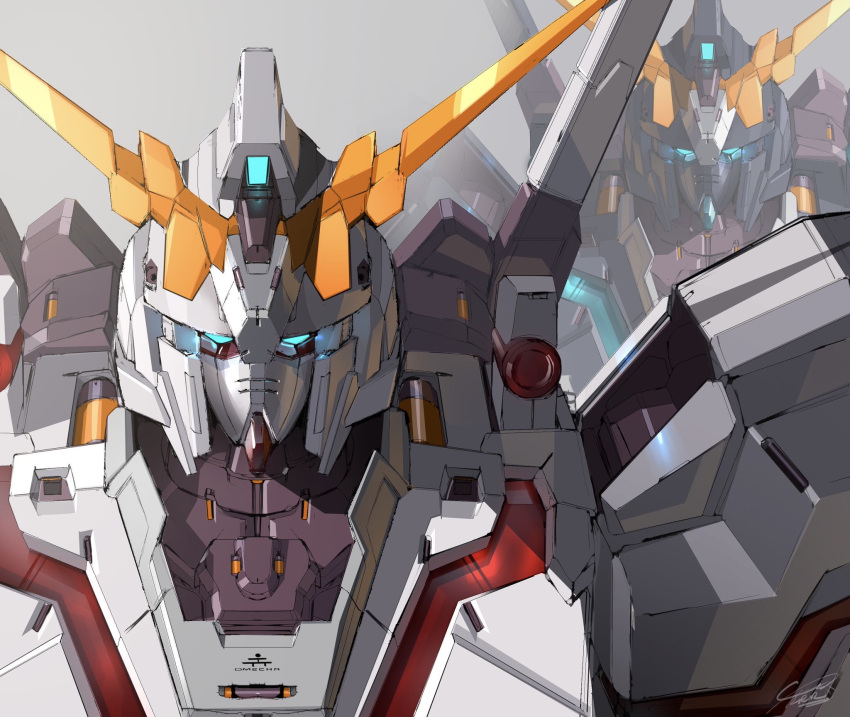 blue_eyes glowing glowing_eyes grey_background gundam gundam_unicorn highres looking_at_viewer mecha mobile_suit nt-d portrait raruru science_fiction unicorn_gundam unicorn_gundam_banshee v-fin