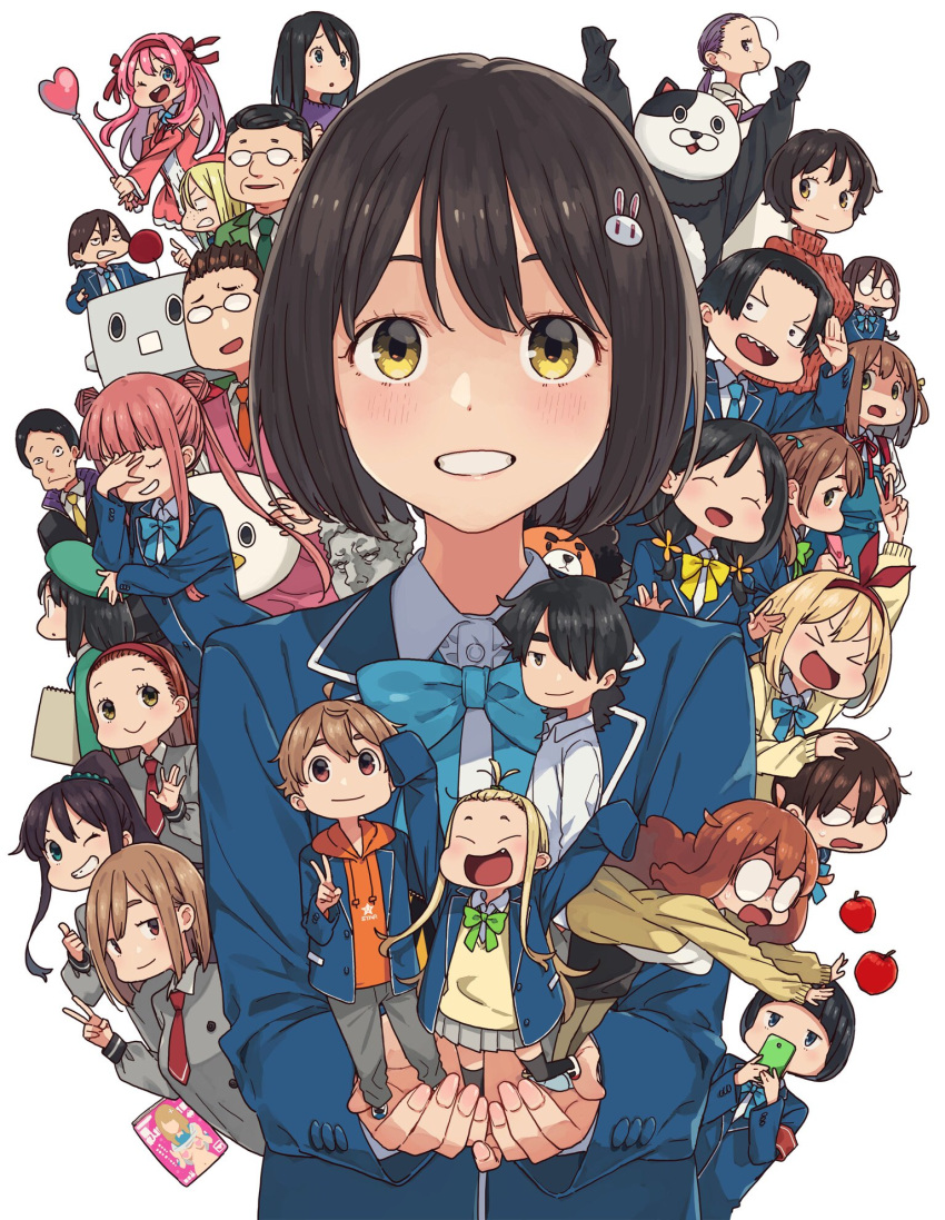 &gt;_&lt; 6+boys 6+girls ayase_kaori bangs blazer blue_bow blue_neckwear blush bob_cut bow brown_hair buchou_(kono_bijutsubu_niwa_mondai_ga_aru!) bunny_hair_ornament chibi chibi_inset closed_eyes colette_(kono_bijutsubu_niwa_mondai_ga_aru!) eyebrows_behind_hair hair_ornament highres honda_sayaka imari_maria imigimuru jacket kono_bijutsubu_niwa_mondai_ga_aru! kunikawa_ryouko moeka_(kono_bijutsubu_niwa_mondai_ga_aru!) multiple_boys multiple_girls official_art pink_hair school_uniform smile tachibana_yumeko uchimaki_subaru upper_body usami_mizuki v white_background yellow_eyes