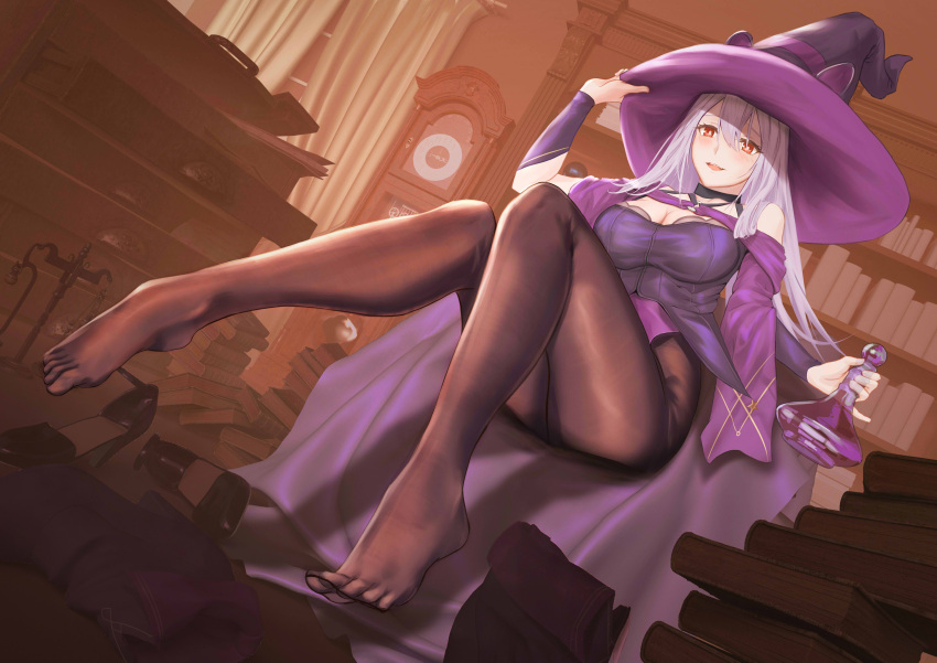1girl absurdres aloe_(pride_of_eden) black_bodysuit black_legwear blush bodysuit book breasts cleavage eyebrows_visible_through_hair feet fuann hand_on_headwear hat highres holding legs long_hair looking_at_viewer medium_breasts no_shoes open_mouth pantyhose purple_headwear red:_pride_of_eden red_eyes shoes shoes_removed silver_hair sitting smile solo thighs toes witch witch_hat