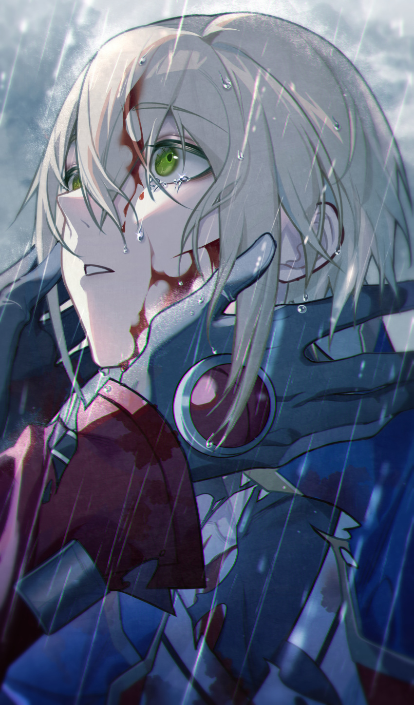 2boys absurdres blazblue blonde_hair blood blood_on_face blue_coat coat gloves green_eyes hand_on_own_face highres jacket jin_kisaragi male_focus multiple_boys ragna_the_bloodedge rain red_jacket set_xshiver tears torn_clothes