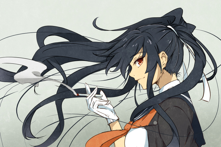 1girl black_hair black_sailor_collar commentary_request gloves grey_background highres kantai_collection long_hair long_sleeves necktie one-hour_drawing_challenge ponytail profile red_eyes remodel_(kantai_collection) sailor_collar sailor_shirt school_uniform serafuku shirt sidelocks simple_background solo umegae_ousuke upper_body white_gloves white_shirt yahagi_(kancolle) yellow_necktie