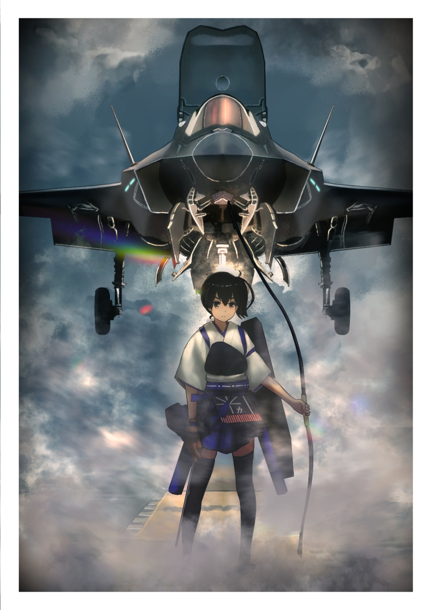 1girl aircraft airplane apron black_legwear blue_hakama bow_(weapon) brown_eyes brown_hair f-35_lightning_ii fighter_jet flight_deck gloves hakama hakama_short_skirt hakama_skirt highres holding holding_bow_(weapon) holding_weapon japanese_clothes jet kaga_(kancolle) kantai_collection long_hair military military_vehicle muneate partially_fingerless_gloves quiver short_sidetail side_ponytail single_glove skirt solo tasuki thighhighs timmyyen vtol weapon yugake yumi_(bow)