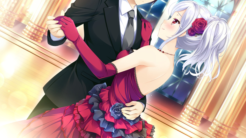 1boy 1girl backless_dress backless_outfit black_jacket blush closed_mouth collared_shirt couple dancing dress dutch_angle elbow_gloves flower game_cg gloves grey_necktie hair_flower hair_ornament hand_on_another's_shoulder highres holding_hands indoors jacket layered_dress long_hair mibu_natsuki_(ojou-sama_wa_sunao_ni_narenai) mole mole_under_eye naruse_hirofumi necktie official_art ojou-sama_wa_sunao_ni_narenai ponytail profile red_dress red_eyes red_flower red_gloves red_rose rose shiny shiny_hair shirt shoulder_blades silver_hair sleeveless sleeveless_dress smile strapless strapless_dress white_shirt wing_collar