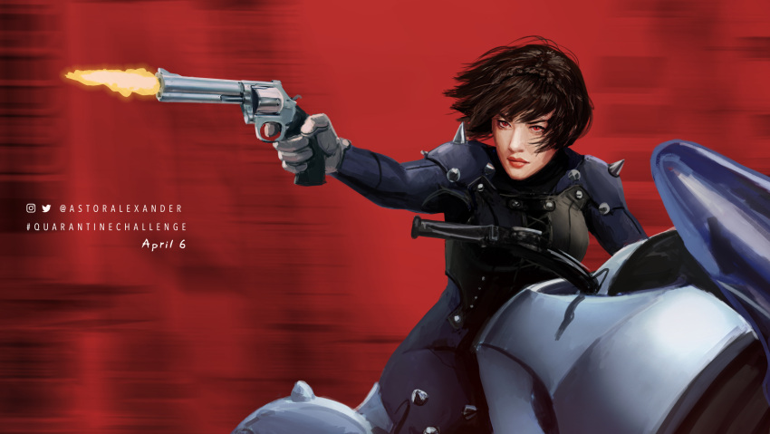 1girl absurdres astor_alexander braid brown_hair commentary crown_braid dated english_commentary firing gloves ground_vehicle gun highres joanna_(persona_5) motor_vehicle motorcycle muzzle_flash niijima_makoto persona persona_5 red_background red_eyes red_lips revolver riding serious short_hair shoulder_spikes solo spikes twitter_username weapon white_gloves