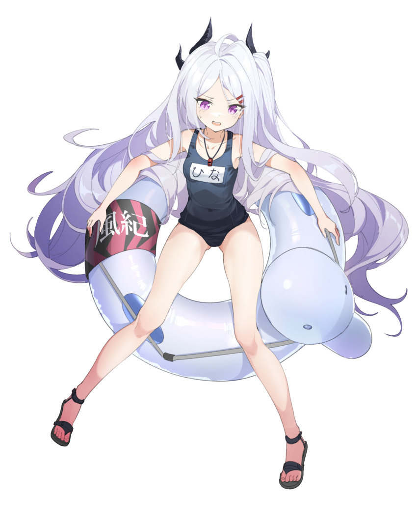 1girl ahoge bangs bare_arms bare_legs black_footwear blue_archive blue_swimsuit breasts commentary_request deatheach eyebrows_visible_through_hair full_body hair_ornament hairclip highres hina_(blue_archive) horns innertube long_hair multiple_horns name_tag one-piece_swimsuit open_mouth parted_bangs purple_eyes sandals school_swimsuit silver_hair simple_background sitting small_breasts solo sweatdrop swimsuit very_long_hair whistle whistle_around_neck white_background