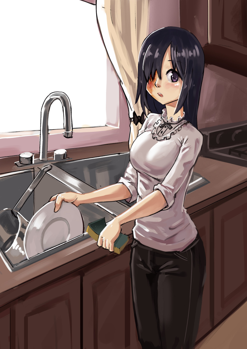 1girl absurdres bad_link black_hair black_pants burn_scar curtains dishwashing drawfag hair_over_one_eye highres ikezawa_hanako indoors katawa_shoujo looking_at_viewer medium_hair open_mouth pants plate pot purple_eyes scar scar_on_face shirt sink solo sponge standing white_shirt