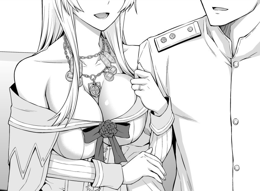 1boy 1girl admiral_(kancolle) breasts cleavage dress flower greyscale head_out_of_frame highres jewelry kantai_collection large_breasts long_hair long_sleeves military military_uniform monochrome naval_uniform necklace off-shoulder_dress off_shoulder open_mouth ribbon rose short_hair simple_background smile uniform uron-rei warspite_(kancolle) white_background