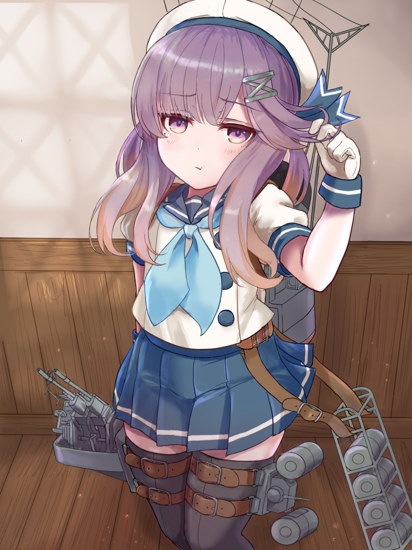 1girl black_legwear blue_neckerchief blue_sailor_collar blue_skirt blush closed_mouth depth_charge em_s eyebrows_visible_through_hair gloves hat highres kantai_collection long_hair machinery mole mole_under_eye neckerchief pleated_skirt pout purple_hair rigging sailor_collar sailor_hat school_uniform serafuku skirt smokestack solo thighhighs tsushima_(kancolle) turret white_gloves white_headwear yellow_eyes