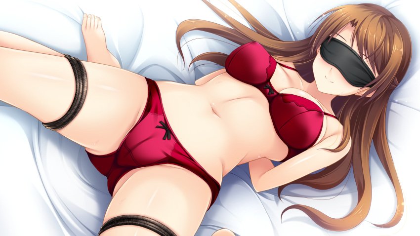 1girl arms_behind_back barefoot bed_sheet black_ribbon blindfold bra breasts brown_hair cameltoe cleavage closed_mouth collarbone game_cg highres jinguuji_miku large_breasts lingerie long_hair lying naruse_hirofumi official_art ojou-sama_wa_sunao_ni_narenai on_back panties red_bra red_panties restrained ribbon shiny shiny_hair shiny_skin sideboob smile solo straight_hair underwear underwear_only very_long_hair