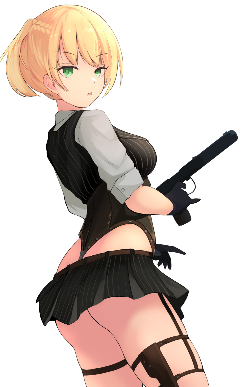 1girl ass b6 black_gloves blonde_hair bolt_action_pistol braid breasts crown_braid girls'_frontline gloves green_eyes gun handgun highres holster looking_at_viewer medium_breasts parted_lips pistol shirt side_ponytail solo thigh_holster thighs weapon welrod_mk2 welrod_mkii_(girls'_frontline) white_background white_shirt