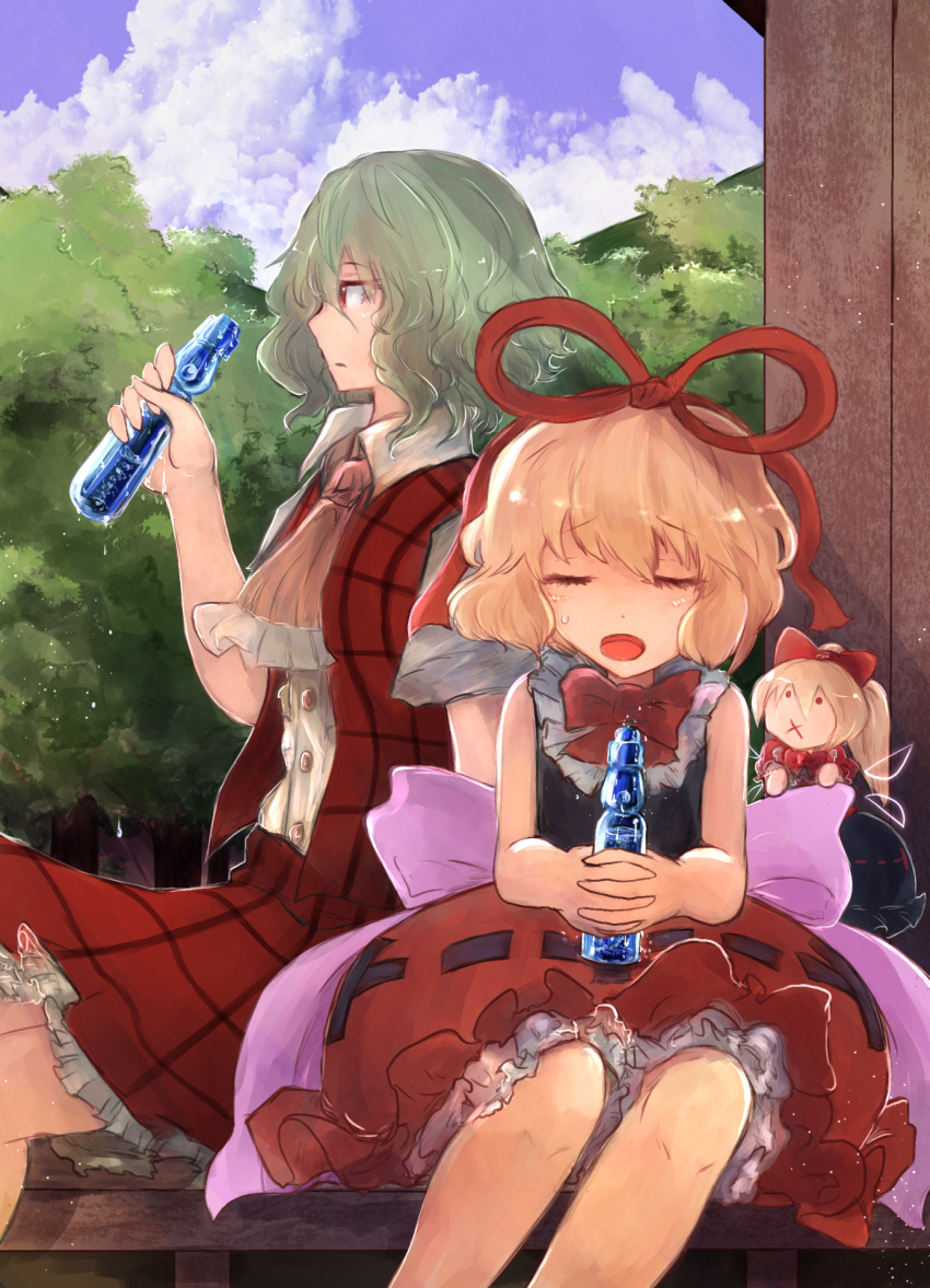 2girls ascot bangs black_dress black_ribbon black_shirt blonde_hair bottle bow closed_eyes cloud collared_shirt commentary_request day dress drinking dripping fairy_wings forest frilled_neckwear green_hair hair_between_eyes hair_bow hair_ribbon highres hinohikari interlocked_fingers kazami_yuuka looking_afar looking_at_another medicine_melancholy multiple_girls nature neck_ribbon open_clothes open_vest orange_ascot outdoors petticoat pink_ribbon plaid plaid_skirt plaid_vest ponytail profile purple_sky red_bow red_eyes red_ribbon red_shirt red_skirt red_vest resting ribbon ribbon-trimmed_dress shirt short_hair short_sleeves sitting skirt skirt_set sleeveless sleeveless_shirt su-san sunset touhou tree twilight vest water_bottle wavy_hair white_shirt wings