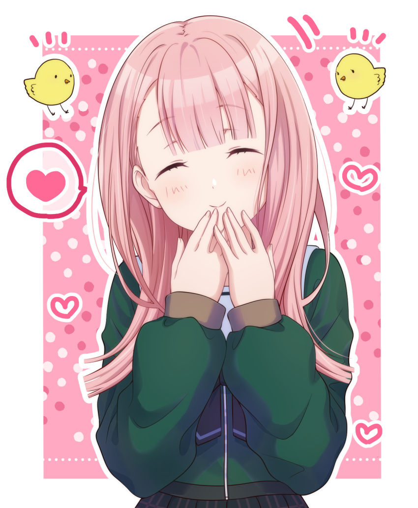 1girl 22/7 ayakura_azuma bangs bird blush bow chick closed_eyes eyebrows_visible_through_hair green_jacket heart highres jacket kamiki_mikami long_hair long_sleeves looking_at_viewer pink_hair school_uniform smile solo upper_body