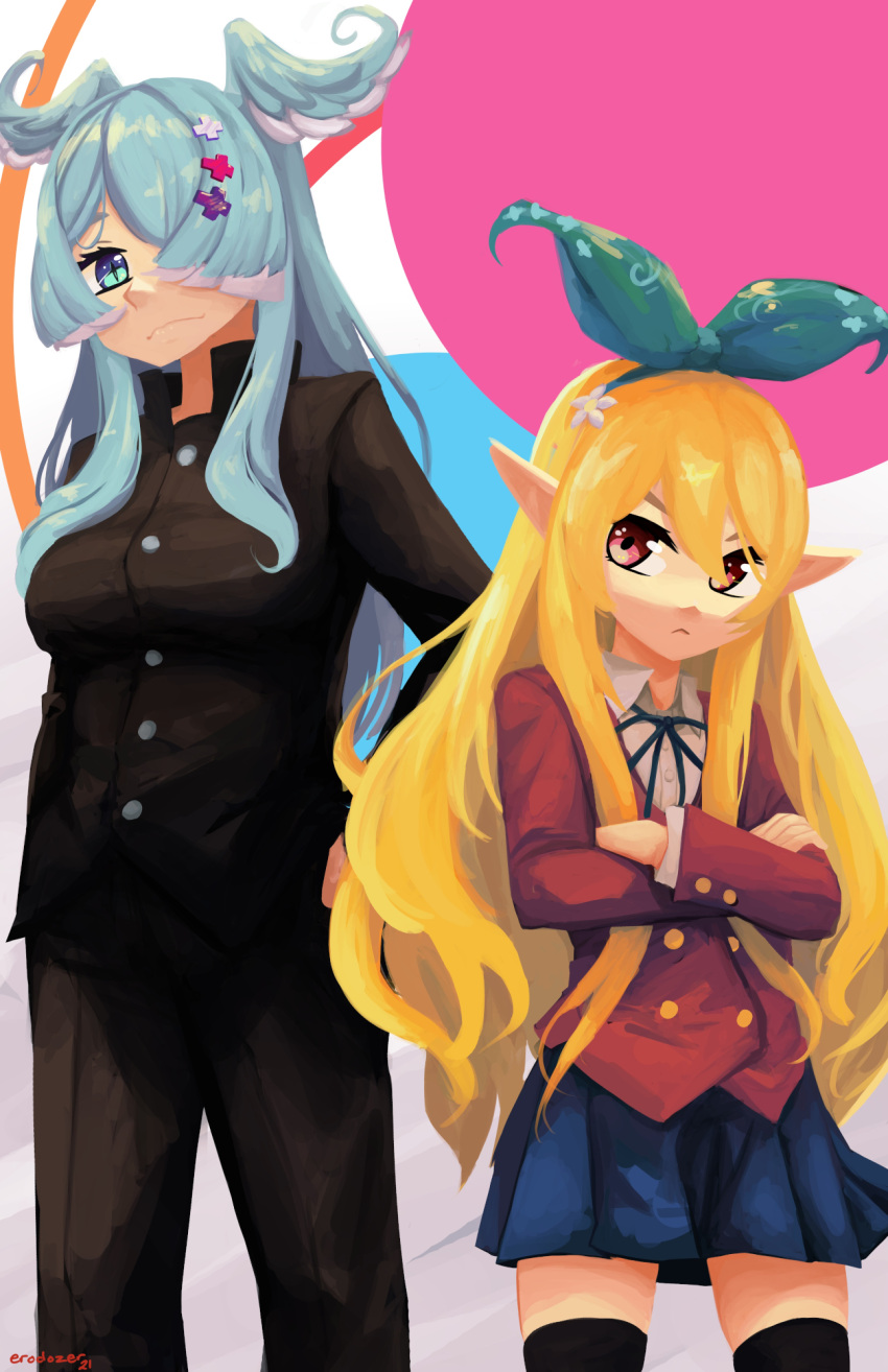 2girls aisaka_taiga aisaka_taiga_(cosplay) bangs blonde_hair blue_eyes blue_hair blue_skirt breasts brown_eyes commentary cosplay crossed_arms crossover elira_pendora english_commentary erodozer frown green_ribbon hair_over_one_eye hair_ribbon head_wings highres krita_(medium) long_hair looking_back medium_breasts multiple_girls nijisanji nijisanji_en one_eye_covered pointy_ears pomu_rainpuff ribbon school_uniform skirt takasu_ryuuji takasu_ryuuji_(cosplay) toradora! virtual_youtuber