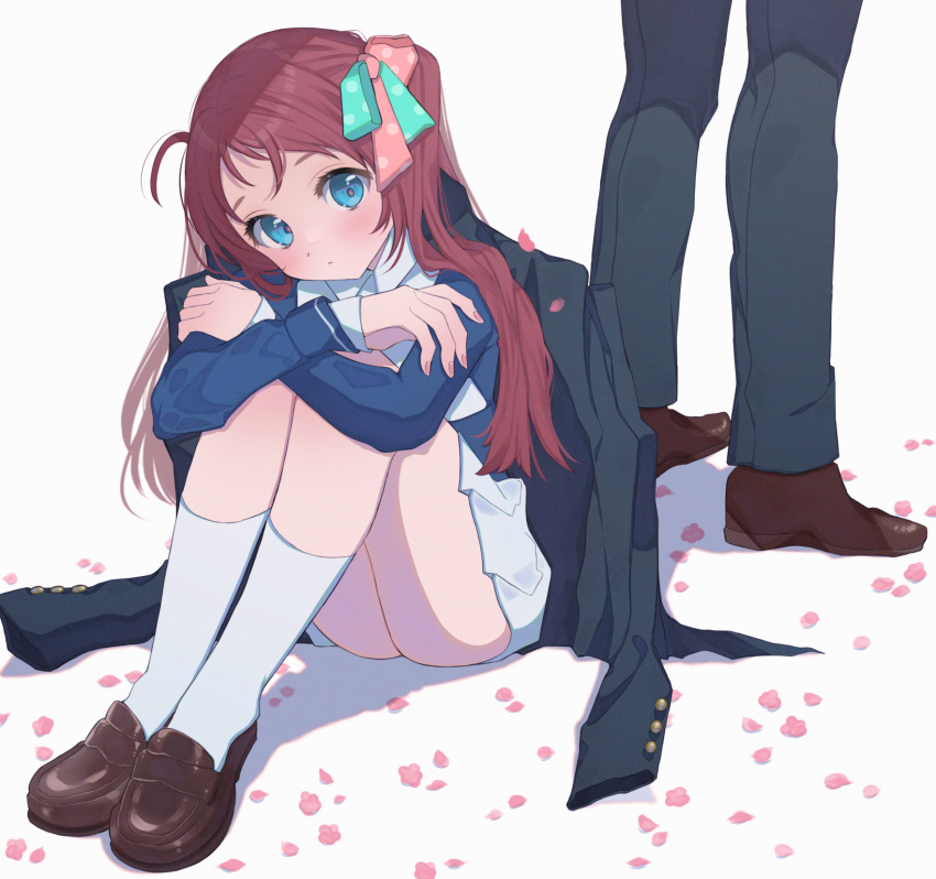 1boy 1girl blue_eyes cherry_blossoms closed_mouth collared_shirt dot_mouth dot_nose expressionless fetal_position flower full_body gogat8 hair_ornament hair_ribbon highres hugging_own_legs jacket jacket_on_shoulders kneehighs knees_on_chest knees_to_chest knees_up loafers long_sleeves looking_at_viewer minamoto_sakura on_ground petals pleated_skirt red_hair ribbon school_uniform shirt shoes simple_background sitting skirt solo_focus tatsumi_koutarou uniform white_background white_shirt white_skirt zombie_land_saga