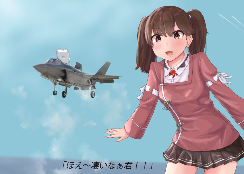 1girl absurdres aircraft aircraft_request airplane black_skirt blue_background brown_eyes brown_hair commentary_request cowboy_shot dress f-35_lightning_ii fighter_jet highres japanese_clothes jet jousanrou kantai_collection kariginu leaning_forward magatama military military_vehicle pleated_dress ryuujou_(kancolle) skirt solo standing subtitled translation_request twintails vtol