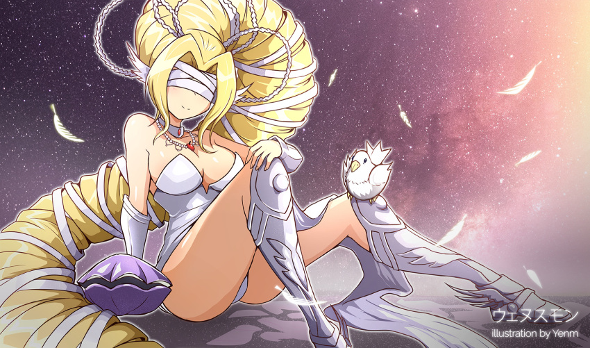 1girl armor artist_name ass bandages bare_shoulders between_breasts bird blindfold blonde_hair boots breasts character_name choker cleavage closed_mouth commentary commission covered_eyes detached_sleeves digimon digimon_(creature) drill_hair english_commentary feathers full_body goddess greaves hair_ornament hand_on_own_knee highres jewelry knee_boots large_breasts leotard long_hair mixed-language_commentary necklace ponytail sidelocks sitting smile solo sparkle_background strapless strapless_leotard thighs venusmon very_long_hair white_leotard wings yenm
