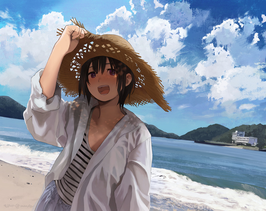 1girl arm_up beach black_eyes black_hair building cloud day hat jacket long_sleeves morifumi mountain ocean open_clothes open_jacket open_mouth original outdoors sand scenery shirt shore short_hair sky solo straw_hat striped striped_shirt upper_body water waves white_jacket white_shirt