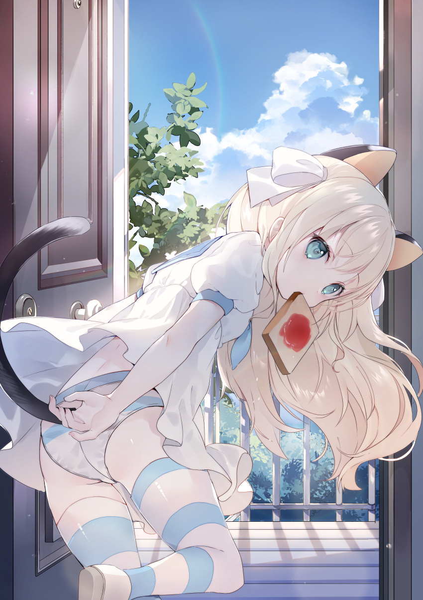 1girl absurdres amafuyu animal_ears bangs blue_eyes blue_neckerchief blue_sailor_collar blue_sky cat_ears cat_tail cloud commentary day dress eyebrows_visible_through_hair food food_in_mouth from_behind hair_ribbon highres jam long_hair mouth_hold neckerchief open_door original panties puffy_short_sleeves puffy_sleeves ribbon sailor_collar shoes short_sleeves sky solo standing standing_on_one_leg striped striped_legwear striped_panties tail tail_raised thighhighs toast toast_in_mouth underwear white_dress white_footwear white_hair white_ribbon