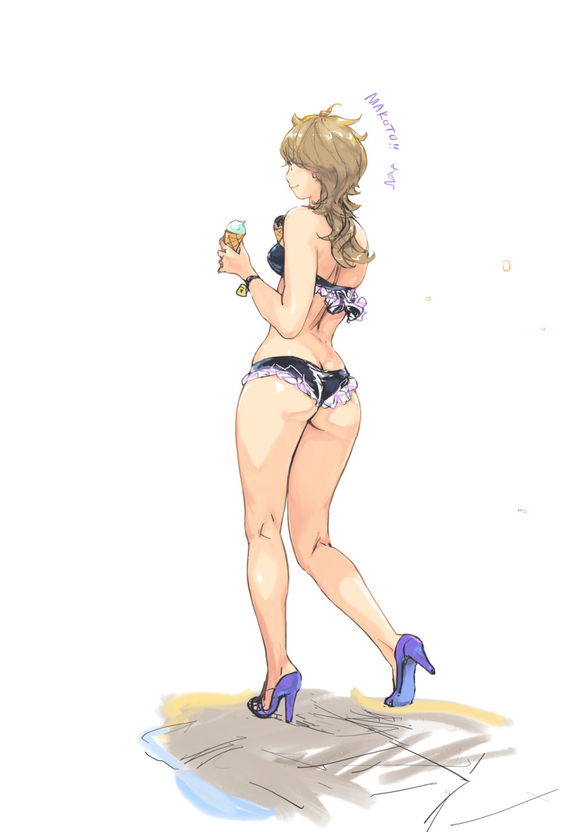 1girl ass bikini black_bikini blue_footwear breasts brown_hair carina_(xiaowoo) character_name closed_mouth commentary_request frilled_bikini frills from_behind full_body high_heels highres holding ice_cream_cone kaikan_change long_hair medium_breasts profile saionji_makoto simple_background smile solo standing swimsuit walking white_background