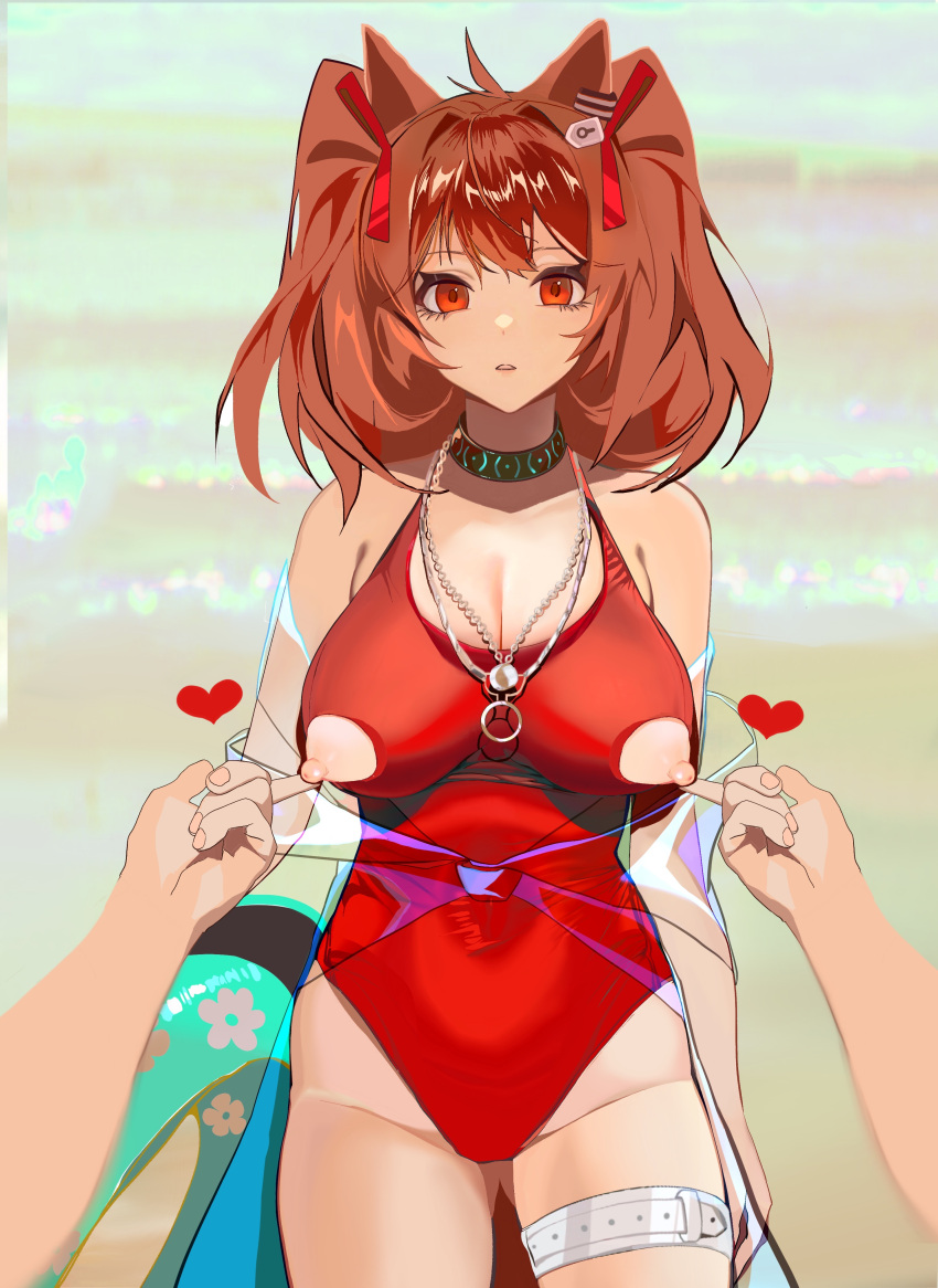 1girl absurdres angelina_(arknights) angelina_(summer_flowers)_(arknights) animal_ears arknights ass_visible_through_thighs bare_shoulders breasts casual_one-piece_swimsuit collar cover-up covered_navel cowboy_shot day fox_ears hair_ribbon heart highres impossible_clothes impossible_swimsuit infection_monitor_(arknights) innertube jewelry ken_(1057168252) large_breasts looking_at_viewer necklace nipple_tweak nippleless_clothes nipples official_alternate_costume one-piece_swimsuit outdoors parted_lips pov red_eyes red_ribbon red_swimsuit ribbon see-through short_hair short_twintails solo_focus swimsuit thigh_strap twintails