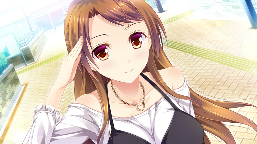 1girl bangs brown_eyes brown_hair closed_mouth collarbone day floating_hair game_cg heart heart_necklace jinguuji_miku long_hair long_sleeves naruse_hirofumi off-shoulder_shirt off_shoulder official_art ojou-sama_wa_sunao_ni_narenai outdoors salute shiny shiny_hair shirt smile solo swept_bangs upper_body very_long_hair white_shirt