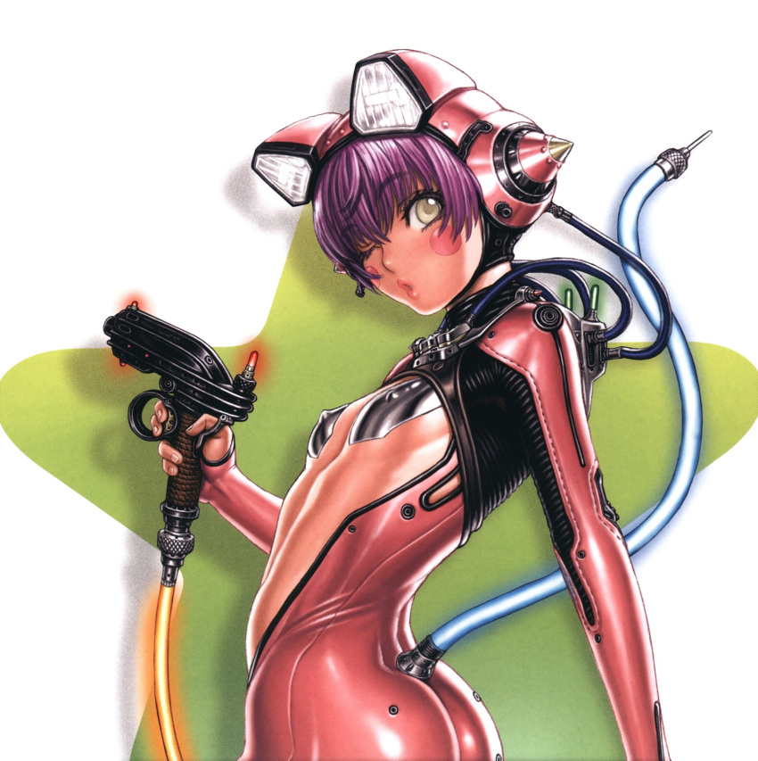 1girl absurdres ass bangs blush_stickers bodysuit covered_nipples eyebrows_visible_through_hair fake_tail flat_chest gun handgun helmet highres holding holding_gun holding_weapon looking_at_viewer one_eye_closed original purple_hair scan simple_background solo tail tsukasa_jun twisted_torso weapon white_background
