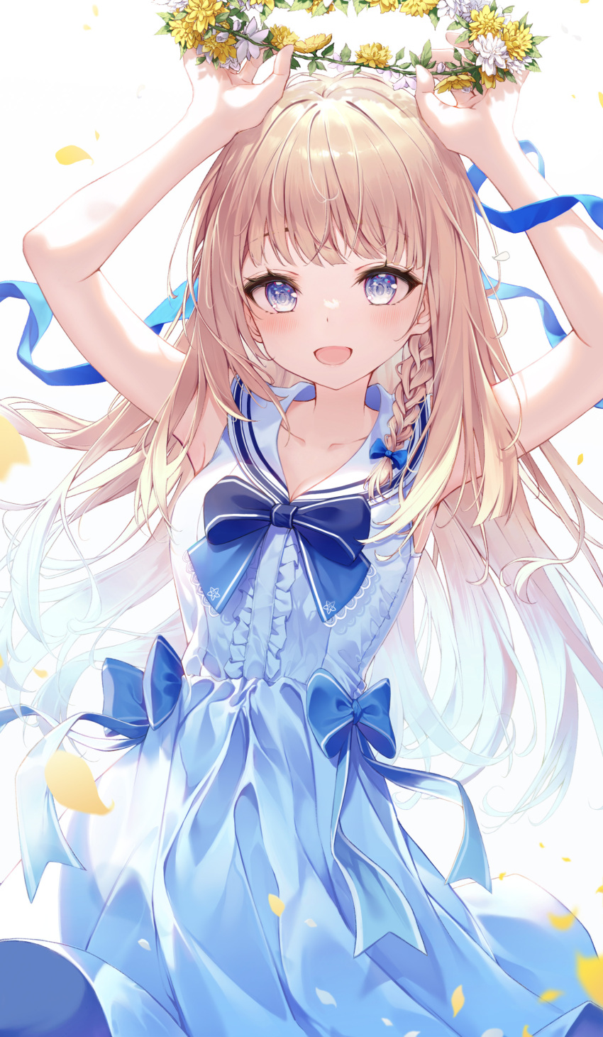 1girl :d absurdres bare_arms blonde_hair blue_bow blue_eyes blue_ribbon blue_shirt blue_skirt blush bow bowtie center_opening collarbone commentary_request flower head_wreath head_wreath_removed highres holding keis_(locrian1357) long_hair open_mouth original petals ribbon sailor_collar shirt simple_background skirt sleeveless sleeveless_shirt smile solo white_background white_flower white_sailor_collar yellow_flower