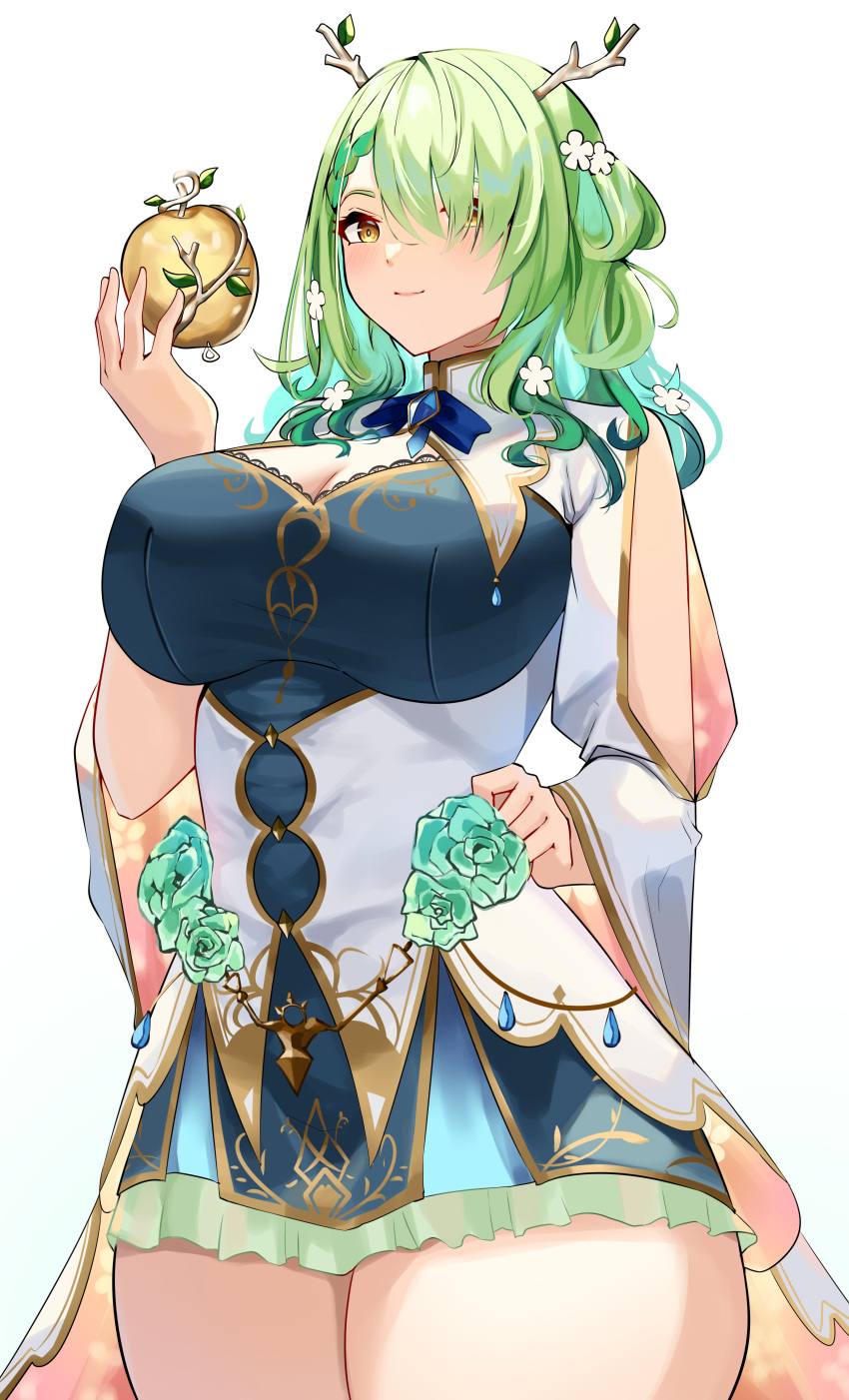 1girl absurdres antlers apple blue_dress breasts ceres_fauna cleavage_cutout clothing_cutout cromwellb dress fake_antlers flower food fruit golden_apple green_flower green_hair hair_flower hair_ornament hair_over_one_eye highres hololive hololive_english large_breasts sticks thighs virtual_youtuber white_background white_flower yellow_eyes