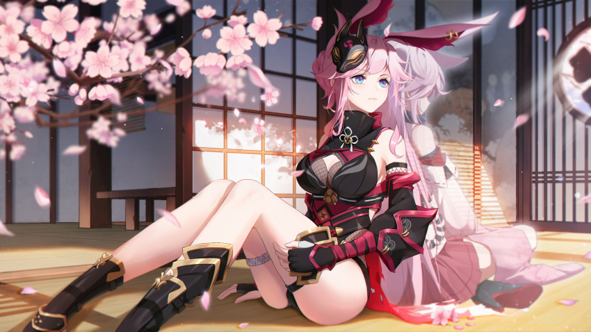 2girls absurdres animal_ears apparition architecture armor bangs bare_shoulders black_footwear black_gloves boots branch breasts cherry_blossoms cleavage closed_mouth commentary_request dual_persona earrings east_asian_architecture fingerless_gloves fox_ears fox_mask full_body gloves hair_between_eyes highres honkai_(series) honkai_impact_3rd japanese_armor japanese_clothes jewelry long_hair mask md5_mismatch miko multiple_girls ninja on_floor p-deng petals pink_hair pink_skirt purple_eyes sitting skirt smile yae_kasumi yae_sakura yae_sakura_(darkbolt_jonin) yae_sakura_(gyakushinn_miko)