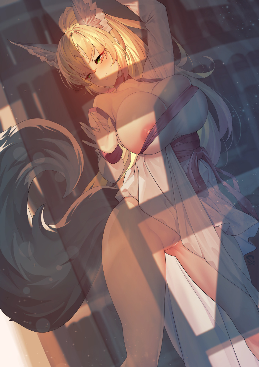 1girl against_wall animal_ears areolae arm_up blonde_hair bookshelf breasts censored clothes_lift clothes_pull commentary commission dated_commentary dress dress_lift dress_pull fox_ears fox_girl fox_tail green_eyes highres large_breasts looking_to_the_side mosaic_censoring nipple_slip nipples original partially_undressed pussy see-through skindentation suerte tail thighs