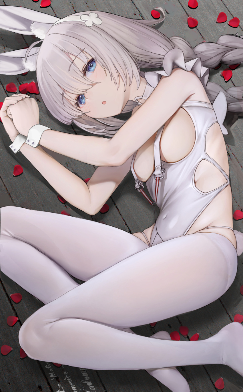 1girl ahoge animal_ear_fluff animal_ears azur_lane bangs blue_eyes braid breasts choker clothing_cutout covered_navel eyebrows_visible_through_hair grey_hair groin hair_ornament highres le_malin_(azur_lane) le_malin_(listless_lapin)_(azur_lane) leotard long_hair looking_at_viewer low_braid lying nyatabe o-ring o-ring_choker official_alternate_costume on_side parted_lips petals rabbit_ears rabbit_tail rose_petals sideboob small_breasts solo tail twin_braids white_hair white_legwear white_leotard wrist_cuffs