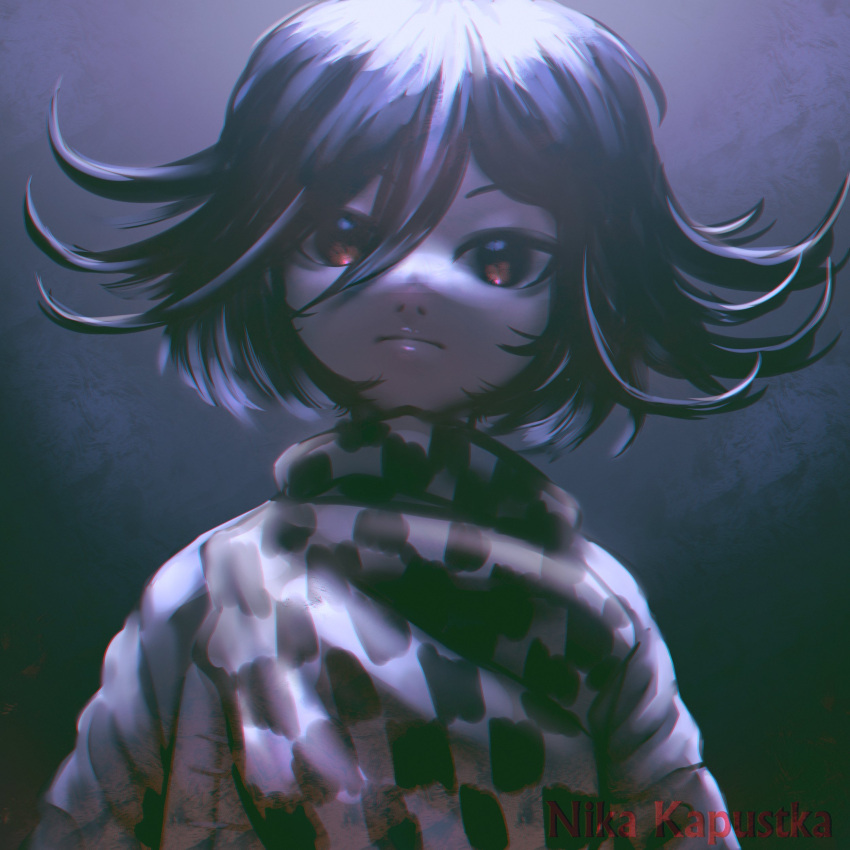 1boy absurdres artist_name bangs black_hair brown_eyes checkered checkered_neckwear checkered_scarf closed_mouth danganronpa_(series) danganronpa_v3:_killing_harmony flipped_hair from_below gradient gradient_background green_background hair_between_eyes highres light long_sleeves looking_at_viewer looking_down male_focus medium_hair nika_kapustka ouma_kokichi scarf shiny shiny_hair solo watermark