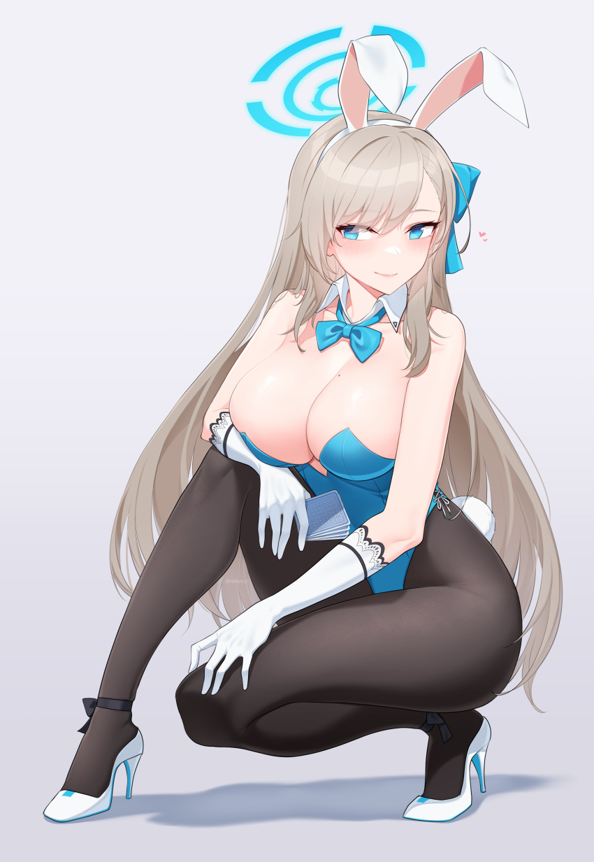 1girl absurdres animal_ears asuna_(blue_archive) bangs bare_shoulders black_legwear blonde_hair blue_archive blue_eyes blue_leotard bow bowtie breasts card cleavage detached_collar elbow_gloves full_body gloves hair_ribbon halo heart high_heels highres large_breasts leotard mole mole_on_breast narynn pantyhose playboy_bunny rabbit_ears rabbit_tail ribbon solo squatting tail white_gloves