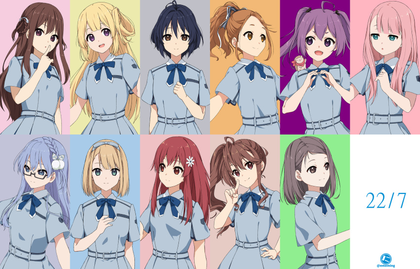 22/7 6+girls ahoge bangs black_hair blonde_hair blue_bow blue_eyes blue_ribbon bow braid breasts brown_eyes brown_hair dress flower fujima_sakura glasses green_eyes hair_ornament hair_ribbon hair_rings highres hiiragi_tsubomi kamiki_mikami kouno_miyako long_hair looking_at_viewer maruyama_akane multiple_girls nyanmaru_(ememing) open_mouth pink_hair purple_eyes red_eyes red_hair ribbon saitou_nicole satou_reika school_uniform shirt short_hair side_ponytail simple_background skirt smile summer_uniform tachikawa_ayaka takigawa_miu toda_jun toujou_yuuki