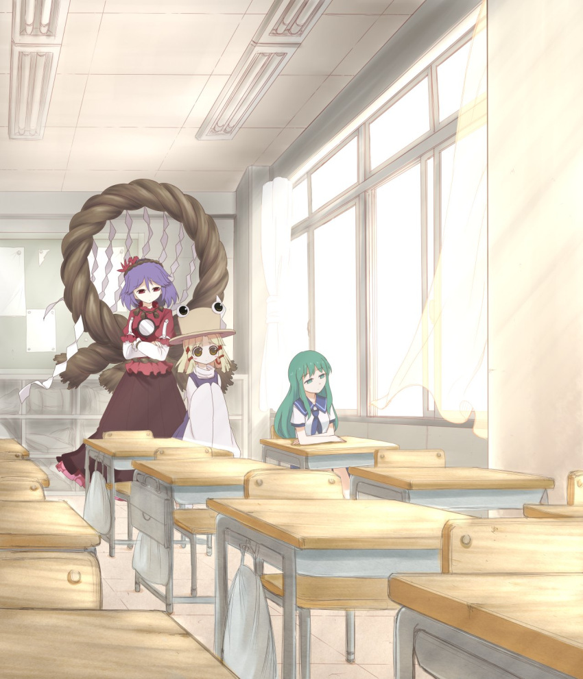 3girls bangs blush_stickers ceiling_light curtains desk dress empty_eyes expressionless floor green_eyes green_hair hair_ornament hair_ribbon highres joyfull_(terrace) kochiya_sanae layered_shirt leaf_hair_ornament long_hair long_sleeves looking_afar mirror moriya_suwako multiple_girls paper pin purple_dress purple_hair pyonta red_eyes red_ribbon red_shirt ribbon rope sad school_uniform serafuku shelf shimenawa shirt short_hair sitting standing touhou turtleneck white_sleeves window worried yasaka_kanako yellow_eyes