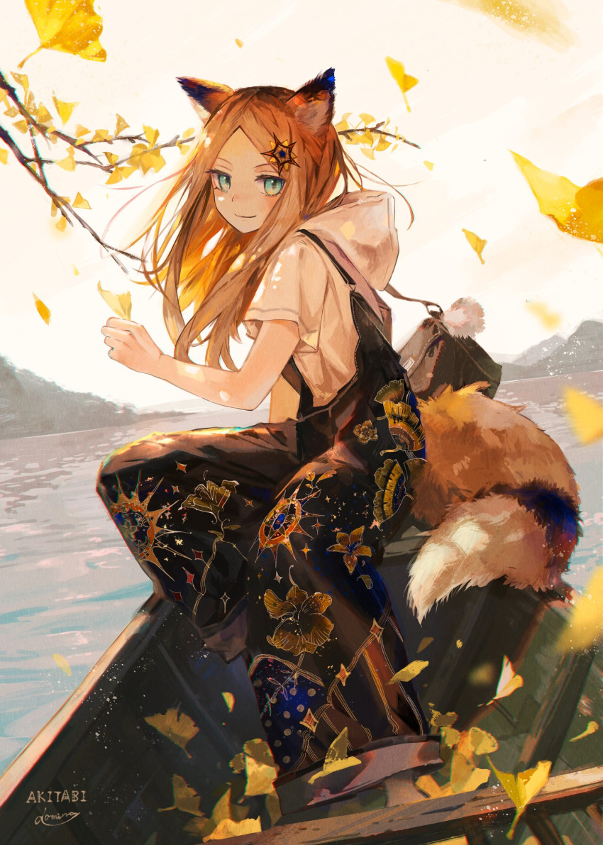 1girl animal_ears autumn autumn_leaves black_overalls blue_eyes boat branch commentary floral_print fox_ears fox_girl fox_tail full_body hair_ornament highres hood hoodie leaf long_hair orange_hair original overalls ozadomi short_sleeves signature sitting smile solo star_(symbol) star_print tail water watercraft white_hoodie