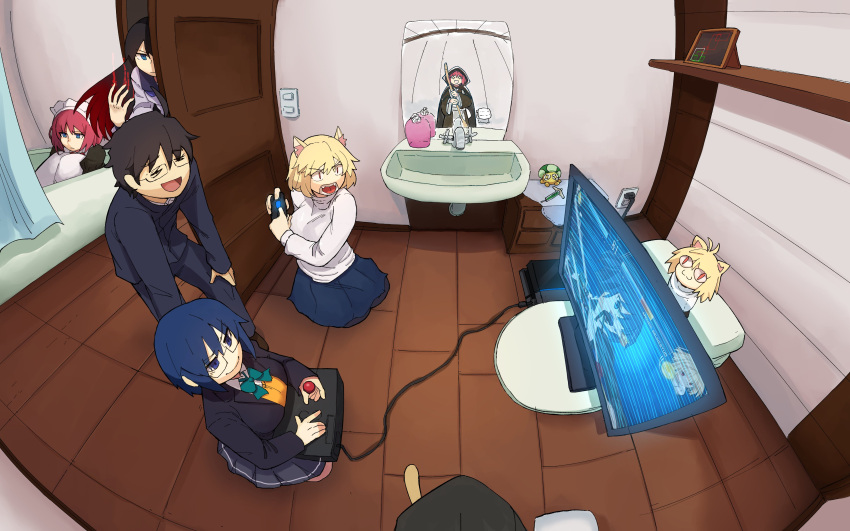 +_+ 1boy 5girls =_= absurdres alternate_costume animal_ear_fluff animal_ears arcade_stick arcueid_brunestud bathroom bathtub beffen_m black_hair blazer blonde_hair blue_eyes blue_hair blue_skirt breasts broom cat_ears ciel_(tsukihime) cloak controller dualshock english_commentary fangs female_pov fisheye gakuran game_console game_controller gamepad glasses grey_skirt grin highres hisui_(tsukihime) hit_box holding holding_broom hood hooded_cloak hugging_own_legs jacket joystick kemonomimi_mode knee_boobs kohaku_(tsukihime) large_breasts long_hair maid maid_headdress medium_breasts melty_blood melty_blood:_type_lumina meme meta mirror monitor multicolored_hair multiple_girls nasu_kinoko neco-arc open_door pantyhose peeking pink_hair playing_games playstation_4 playstation_controller pov red_eyes red_hair sad school_uniform seiza short_hair sitting skirt slit_pupils smile sweater tile_floor tiles tohno_akiha tohno_shiki toilet tsukihime tsukihime_(remake) turtleneck turtleneck_sweater two-tone_hair vermillion_akiha white_sweater