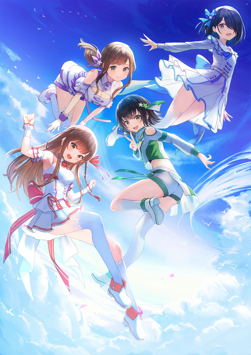 4girls :d above_clouds ankle_boots armpits asymmetrical_legwear bird black_hair blue_bow blue_eyes blue_hair blue_sky blush boots bow braid breasts brown_eyes brown_hair cleavage cleavage_cutout closed_mouth clothing_cutout cloud commentary_request day dress enogu flock flying fold-over_boots from_behind green_eyes hair_bow hair_over_one_eye highres hinata_nao_(iwamotochou_geinousha) iwamotochou_geinousha kagawa_ichigo kneehighs long_sleeves looking_at_viewer multiple_girls natsume_haru neck_ribbon official_art one_eye_covered open_mouth outdoors red_neckwear red_ribbon ribbon shirafuji_tamaki short_shorts shorts shoulder_cutout side_braid single_kneehigh single_sock single_thighhigh sky smile socks suzuki_anzu thighhighs uneven_legwear v white_dress white_legwear white_shorts wristband