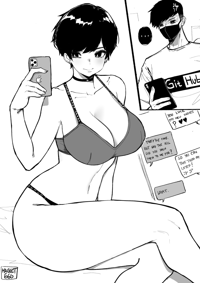 ... 1boy 1girl absurdres anger_vein artist_logo artist_name bare_legs bare_shoulders black_hair bra breasts bright_pupils cellphone cellphone_picture choker cleavage collarbone english_text feet_out_of_frame github greyscale highres large_breasts looking_at_phone mask monochrome navel norman_maggot olive_laurentia original panties phone product_placement shaded_face short_hair sigit_martinus smartphone smile spoken_ellipsis teasing text_messaging thick_thighs thighs tsurime underwear