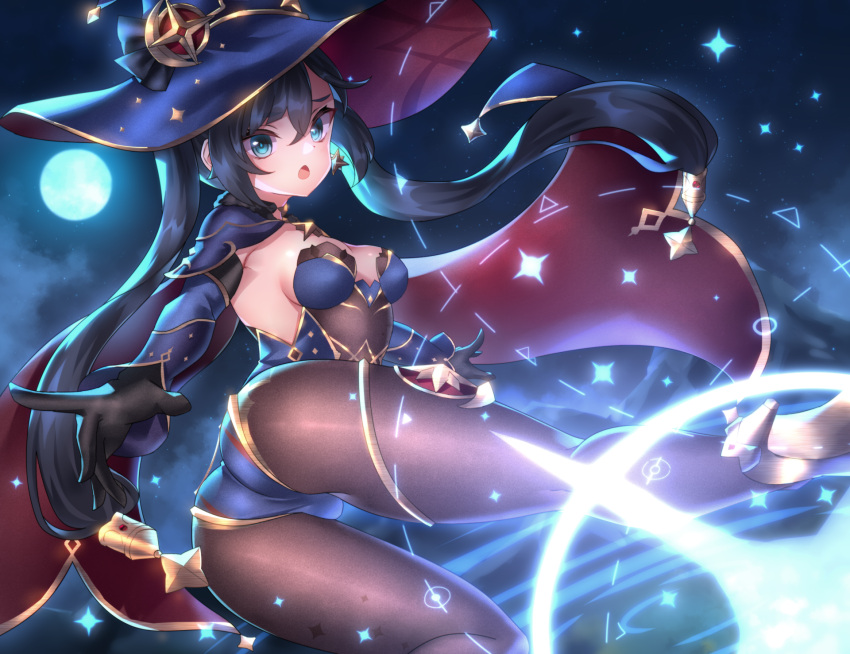 1girl ass black_hair blue_eyes breasts cape cleavage cleavage_cutout clothing_cutout commentary_request foreshortening from_behind genshin_impact gloves hair_between_eyes hat high_heels highres long_hair looking_at_viewer looking_back medium_breasts mona_(genshin_impact) neit_ni_sei open_mouth outstretched_arm pantyhose solo star_(sky) star_(symbol) witch_hat