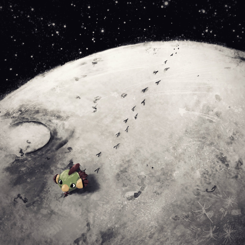 bird black_eyes commentary_request crater dolgapa footprints from_above highres moon natu no_humans on_moon outdoors pokemon pokemon_(creature) solo star_(sky) walking