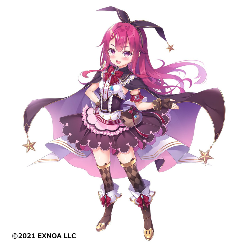 1girl :d amii_(angelic_link) angelic_link argyle argyle_legwear bangs belt_bag black_cape black_skirt boots breasts brown_footwear cape eyebrows_visible_through_hair fingerless_gloves full_body gloves hair_between_eyes hair_ornament hairclip headband highres long_hair official_art open_mouth pink_cape purple_eyes red_hair ribbon shirt simple_background skirt sleeveless small_breasts smile solo standing star_(symbol) thighhighs tougetsu_hajime very_long_hair watermark white_background white_shirt