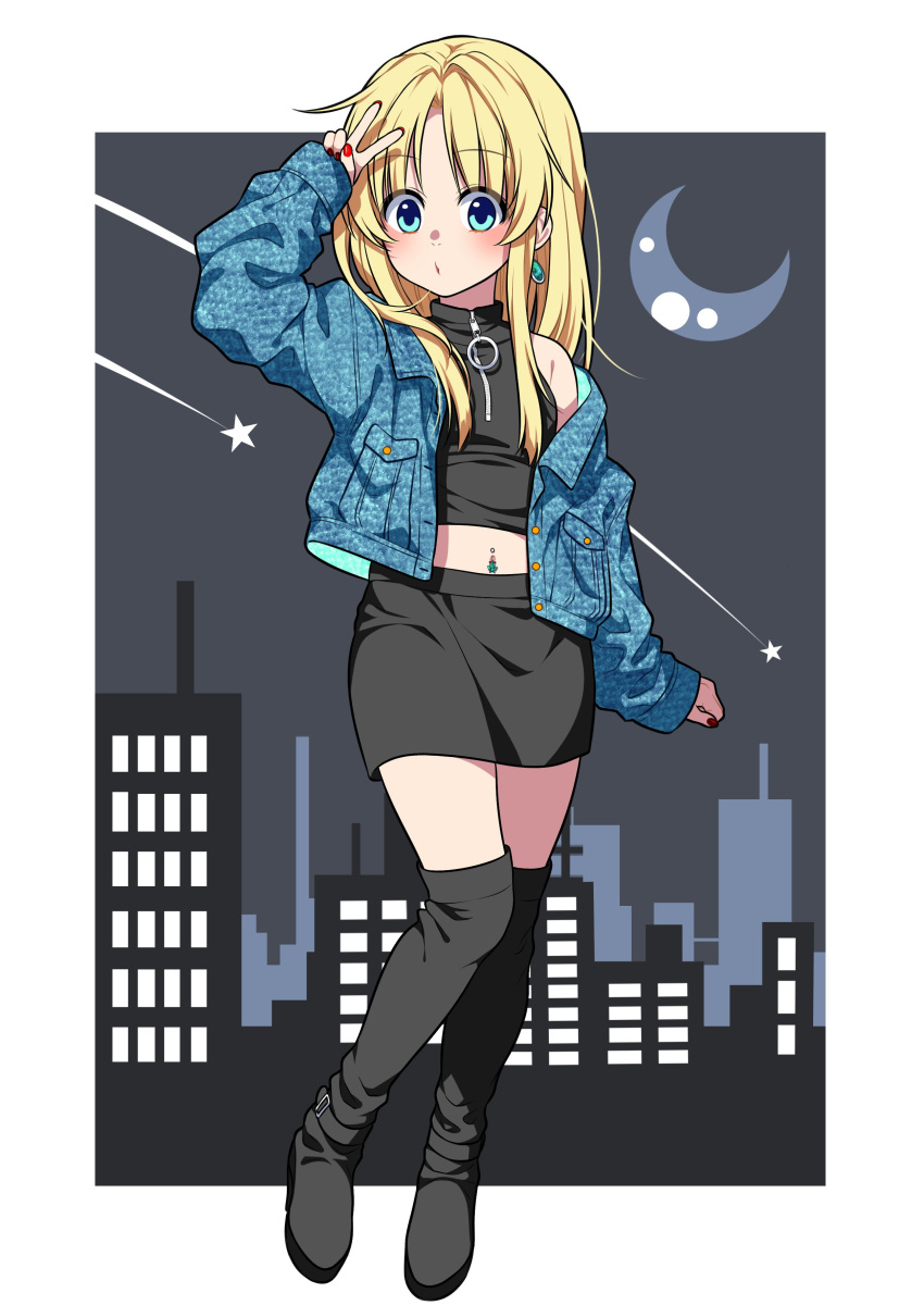 1girl absurdres bangs black_footwear black_shirt black_skirt blonde_hair blue_eyes blue_jacket boots cityscape commentary_request contemporary crescent_moon earrings eyebrows_visible_through_hair falling_star full_body highres jacket jewelry long_hair long_sleeves looking_at_viewer midriff miniskirt moon moriya_suwako nail_polish navel_piercing night nora_wanko off_shoulder open_clothes open_jacket outside_border parted_lips piercing red_nails shirt skirt sleeveless sleeveless_shirt solo standing thigh_boots thighhighs touhou v zipper