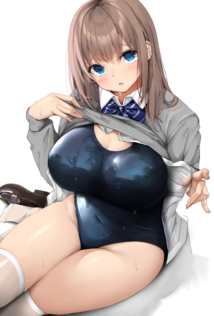 1girl absurdres bangs banned_artist blue_bow blue_bowtie blue_eyes blue_swimsuit bow bowtie breasts brown_hair cardigan cardigan_lift cleavage commentary_request fay_(fay_axl) grey_cardigan highres large_breasts lifted_by_self long_sleeves looking_at_viewer medium_hair one-piece_swimsuit original simple_background sitting swimsuit thighhighs thighs wet white_background white_legwear