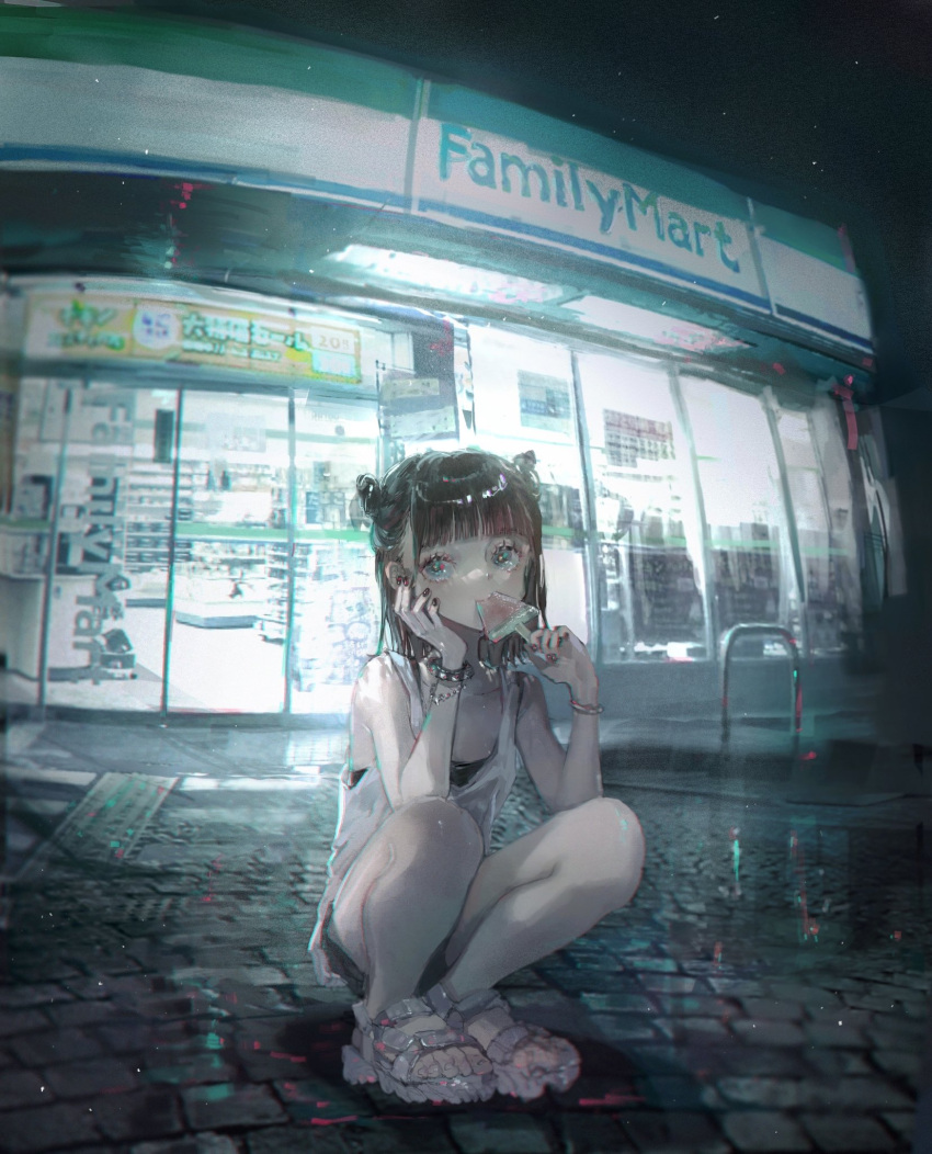 1girl arms_up bangs bare_legs black_hair black_nails blue_eyes blunt_bangs bracelet convenience_store familymart food food_in_mouth hand_on_own_cheek hand_on_own_face highres holding holding_food jewelry medium_hair nail_polish night original outdoors popsicle roki_(0214278) sandals scenery shiny shiny_hair shirt shop short_shorts shorts sleeveless sleeveless_shirt solo squatting star_(sky) tank_top toes watermelon_bar white_tank_top