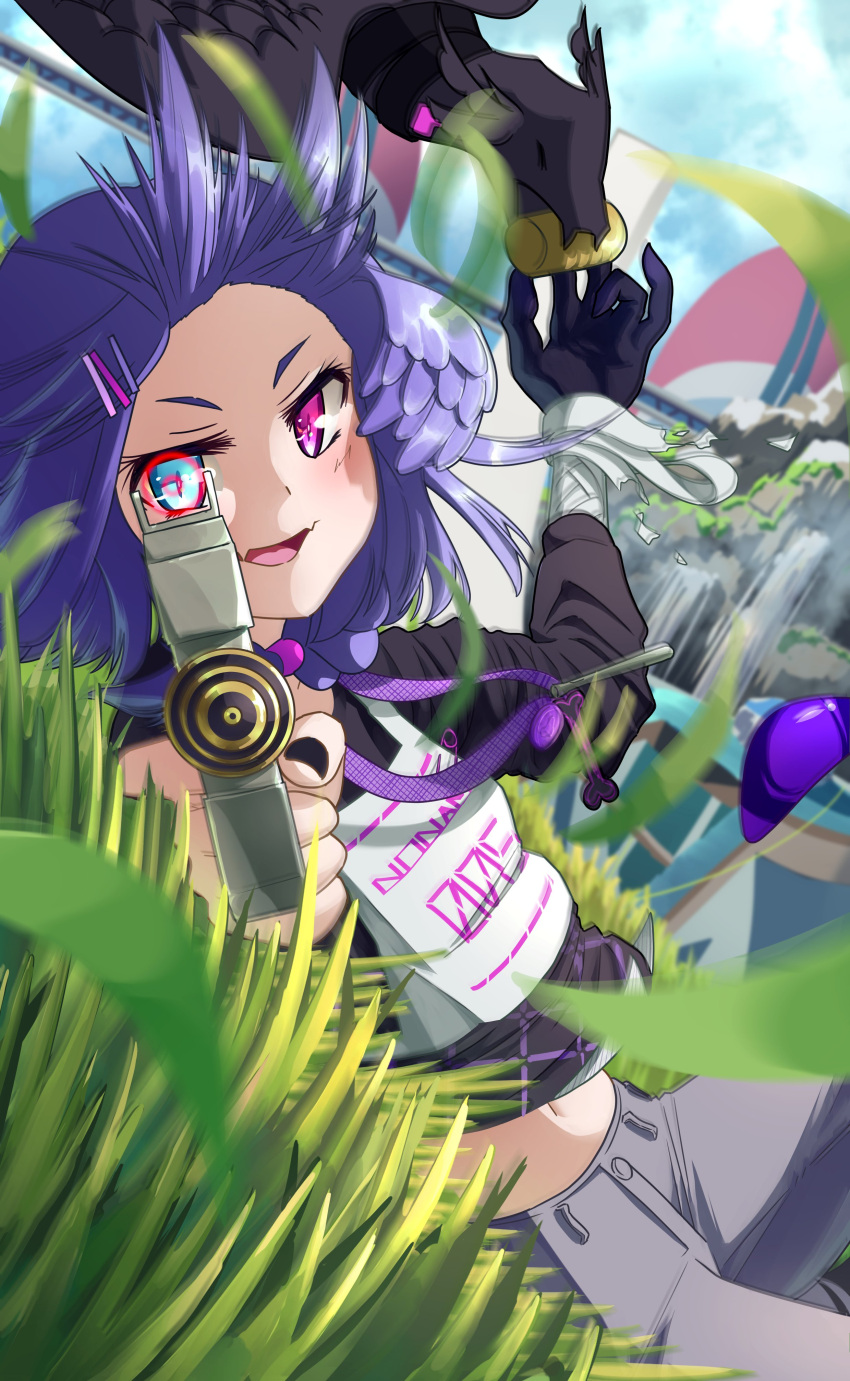 1girl absurdres aiming_at_viewer apex_legends b3_wingman black_sweater blue_eyes cloud commentary day dragon ember_(selen_tatsuki) english_commentary fangs floating_hair flying grass gun hair_ornament hairclip handgun heterochromia highres holding holding_gun holding_weapon in-universe_location navel nijisanji nijisanji_en olympus_(apex_legends) open_hand open_mouth outdoors purple_eyes purple_hair revolver selen_tatsuki skin_fangs sky sliding smile solo sweater umaikaze virtual_youtuber water waterfall weapon